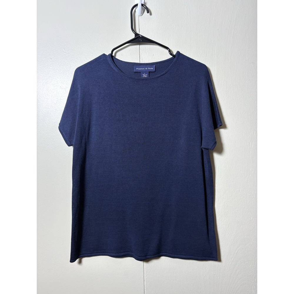 Preston & York Silk Knit Top L Blue Short Sleeve Coastal Quiet Luxury Minimalist